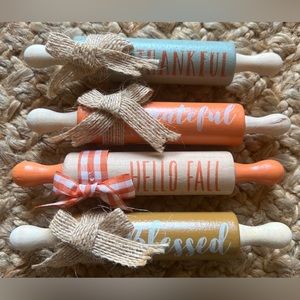 4 wooden mini bowling pins; fall theme; hello fall, blessed, grateful, thankful